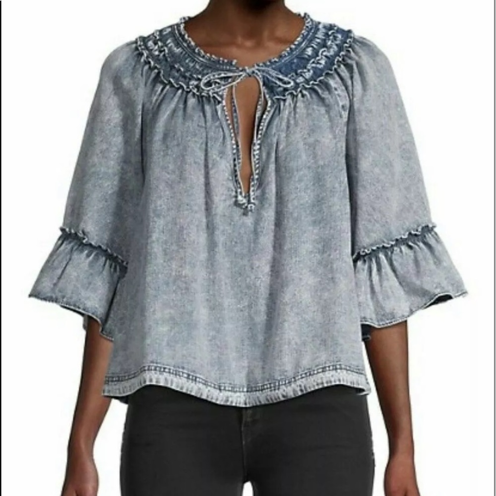 Free People Ainsley Denim Tie Detail Ruffled Sleeve